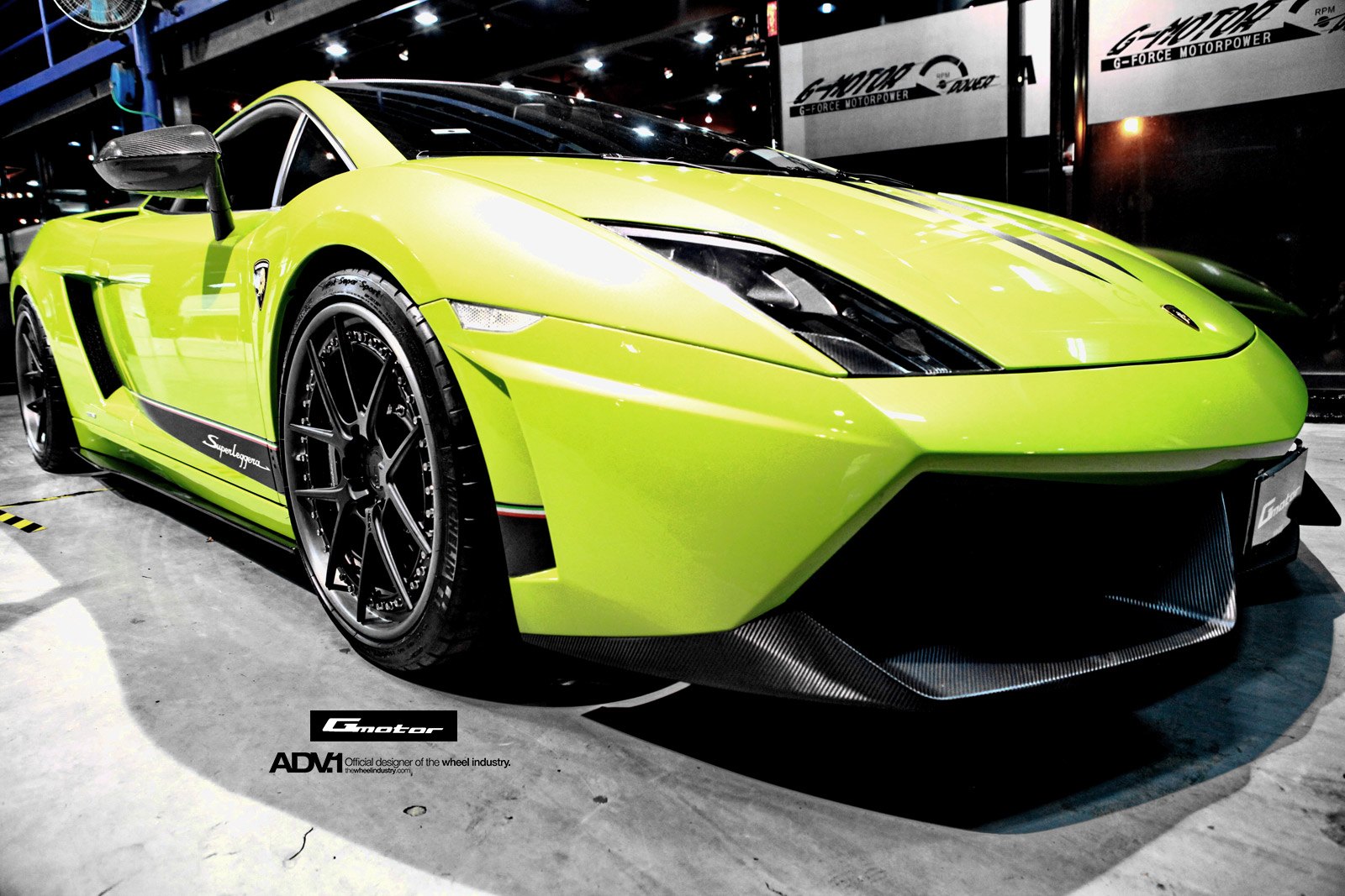 Carbon Fiber Bumper Lips on Lime Green Lamborghini Gallardo - Photo by ADV.1