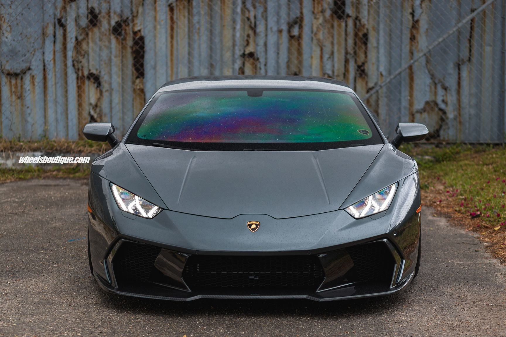 Carbon Fiber Front Lip on Gray Lamborghini Huracan - Photo by Anrky Wheels