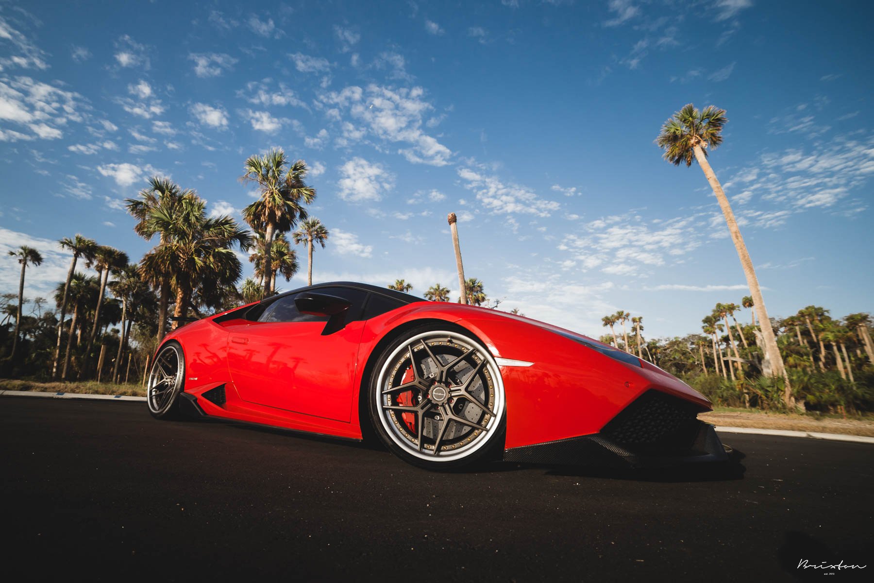 Carbon Fiber Front Lip on Red Lamborghini Huracan - Photo by Brixton Forged Wheels