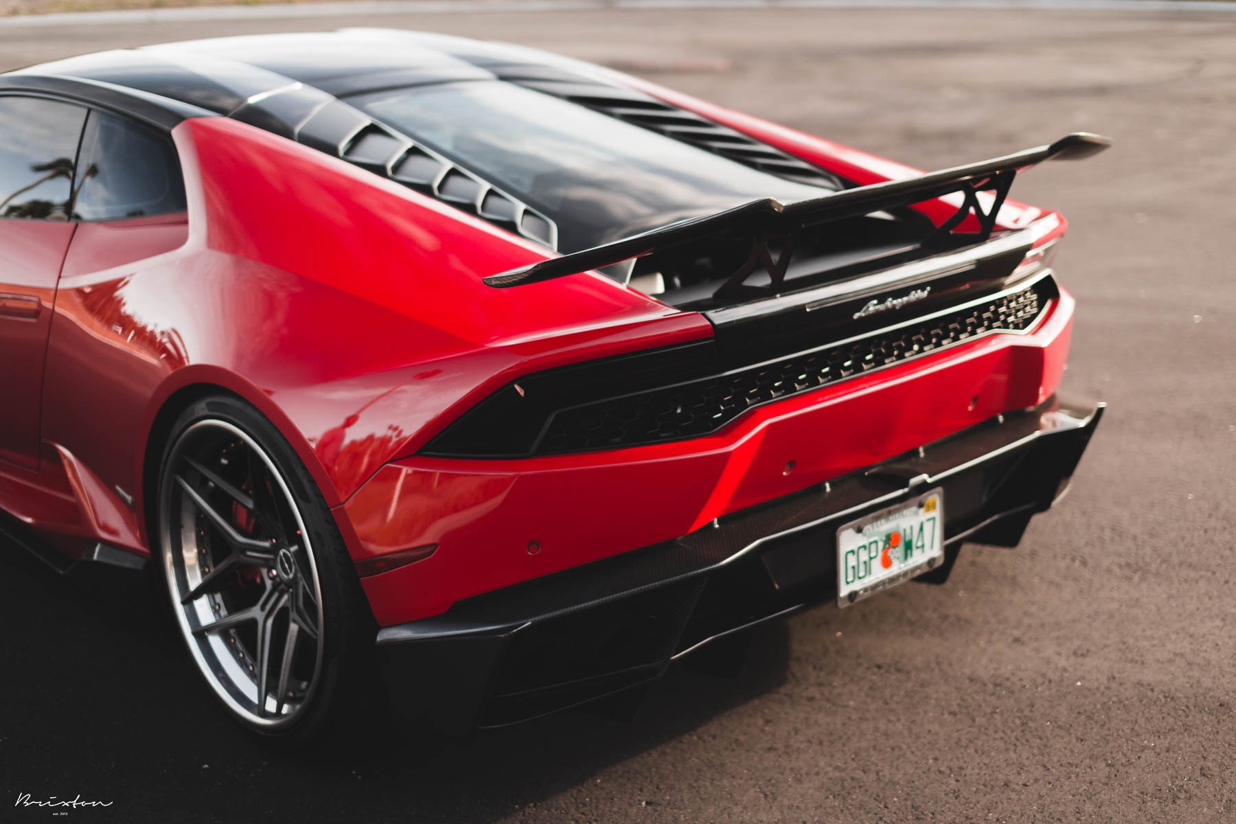 Red Lamborghini Huracan with Carbon Fiber Rear Spoiler - Photo by Brixton Forged Wheels