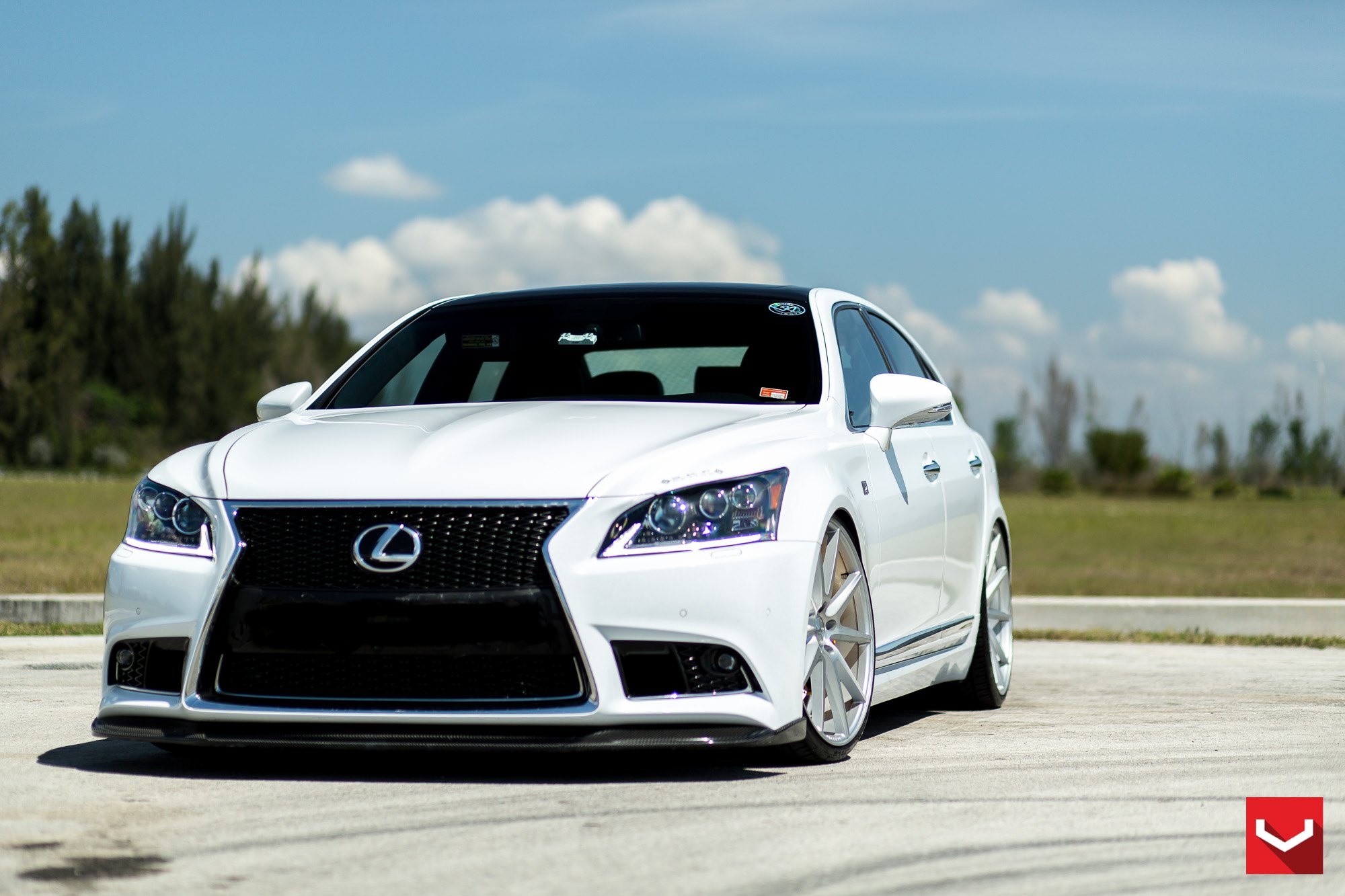 Lowered White Lexus LS with Custom Front Lip - Photo by Vossen