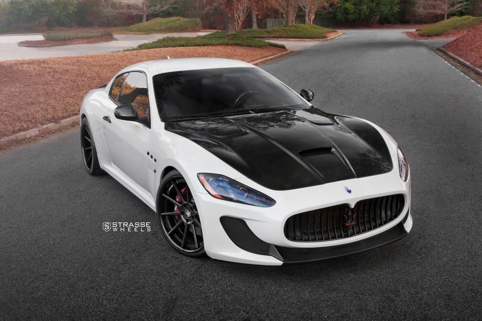 White Maserati Granturismo with Custom Vented Hood - Photo by Strasse Forged
