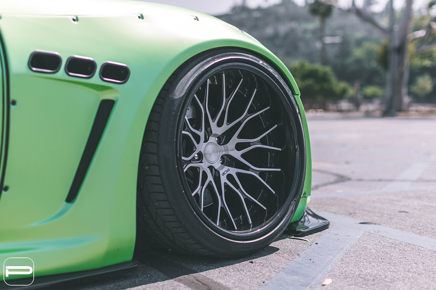 Green Debadged Maserati Granturismo with Pirelli Tires - Photo by PUR Wheels