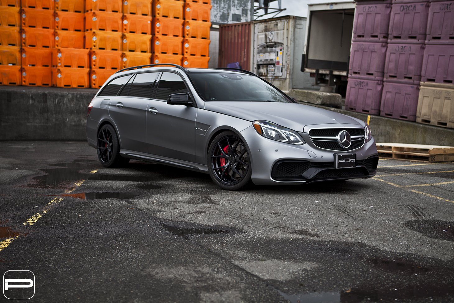 Aftermarket LED Headlights on Gray Mercedes E Class - Photo by PUR Wheels