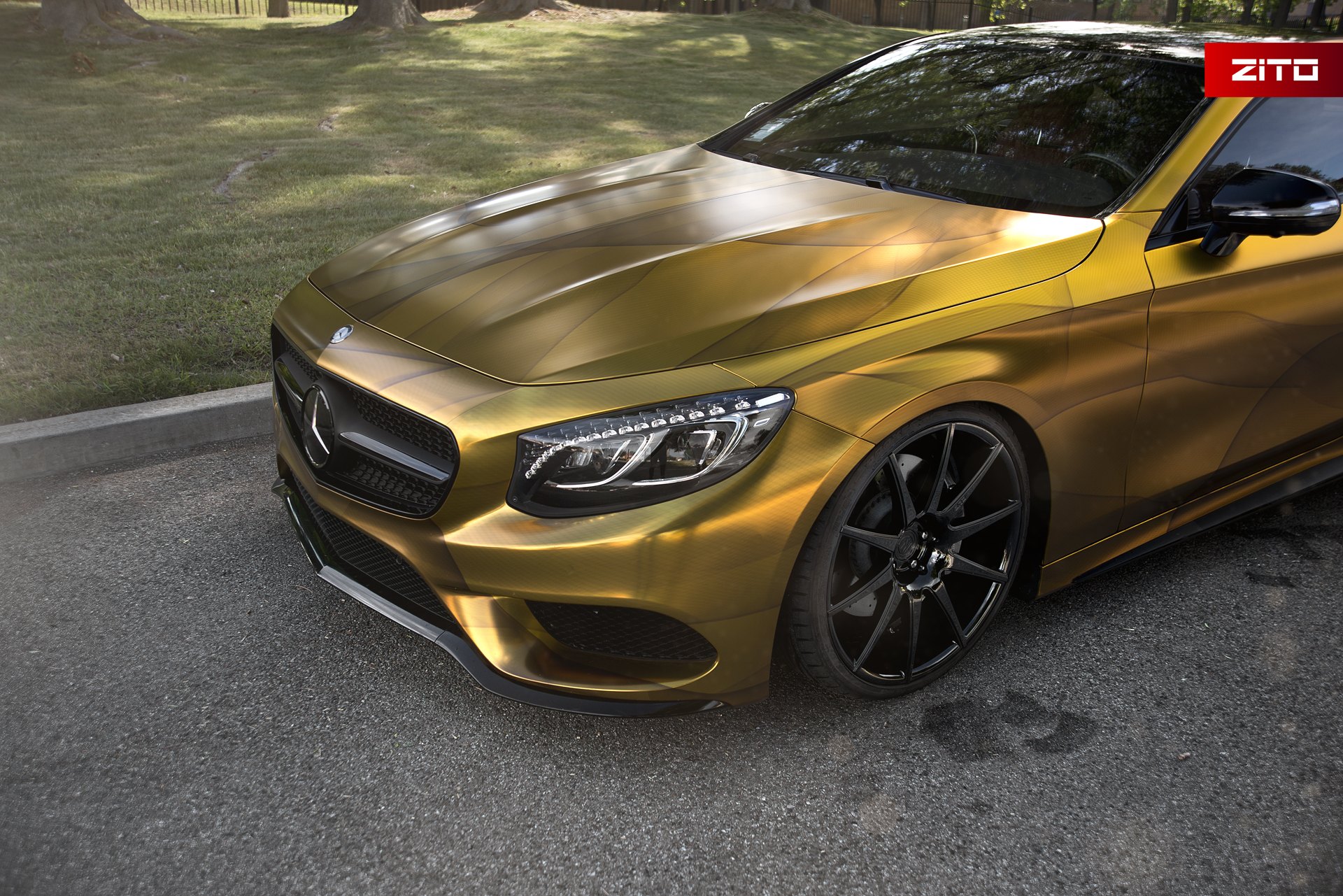 Aftermarket LED Headlights on Gold Wrapped Mercedes S Class - Photo by Zito Wheels
