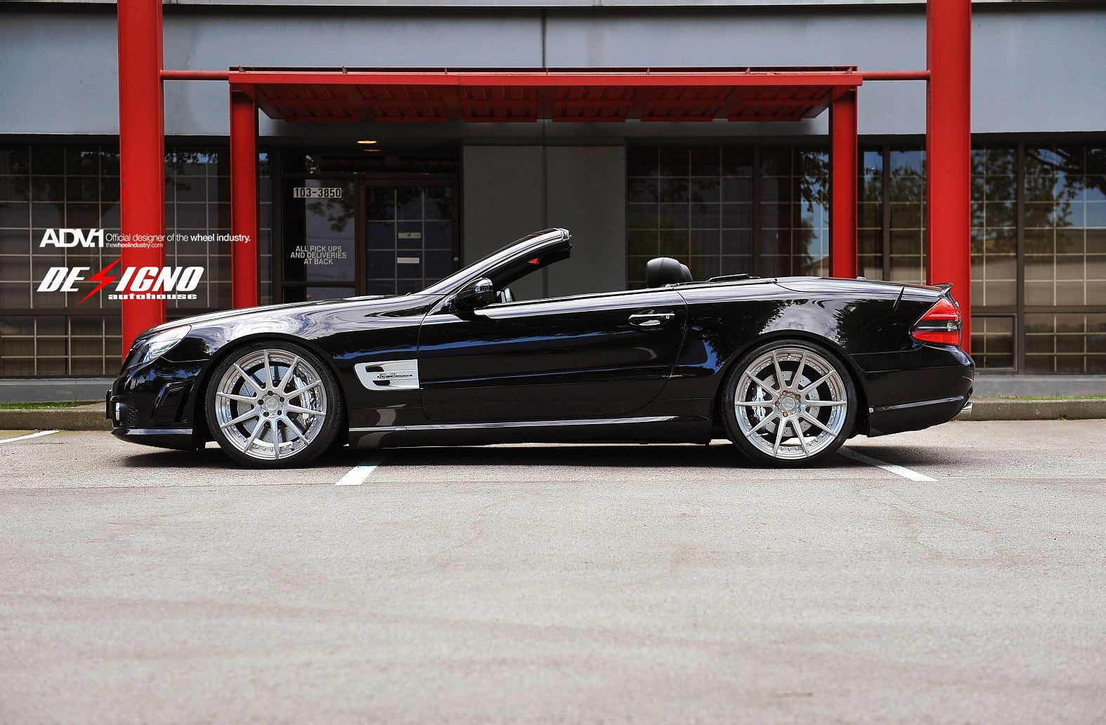 Aftermarket Side Skirts on Black Convertible Mercedes SL Class - Photo by ADV.1