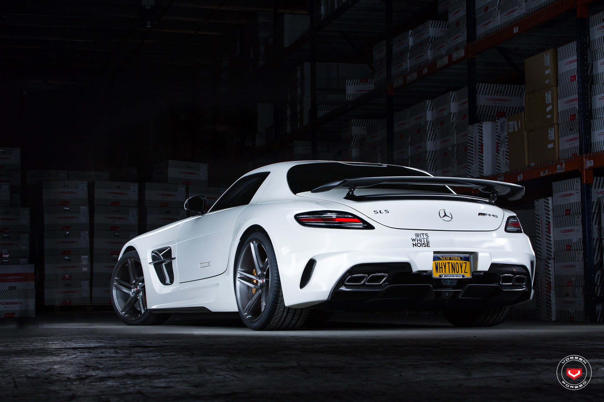 Large Wing Spoiler on White Mercedes SLS - Photo by Vossen