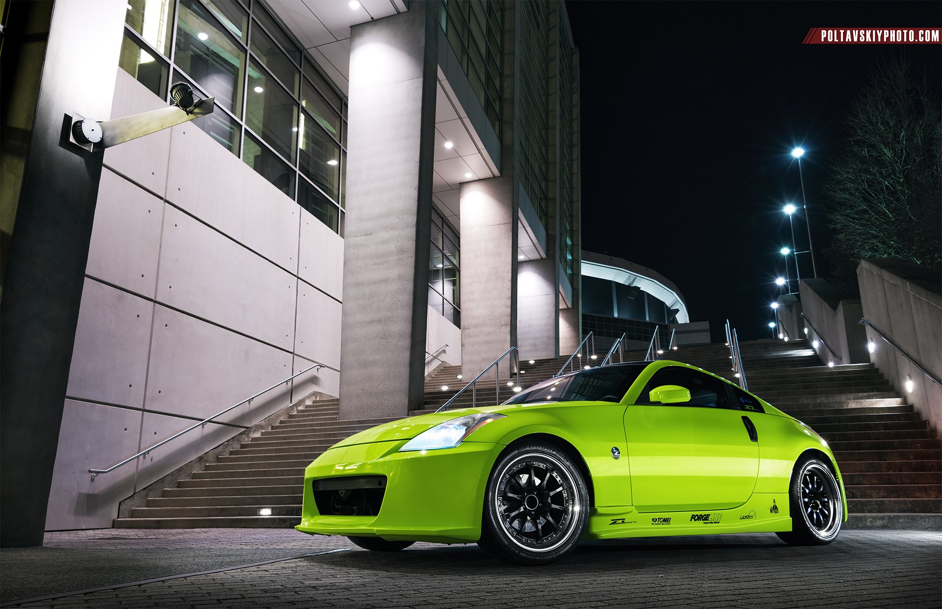 Lime Green Debadged Nissan 350Z with Custom Headlights - Photo by Forgeline Motorsports