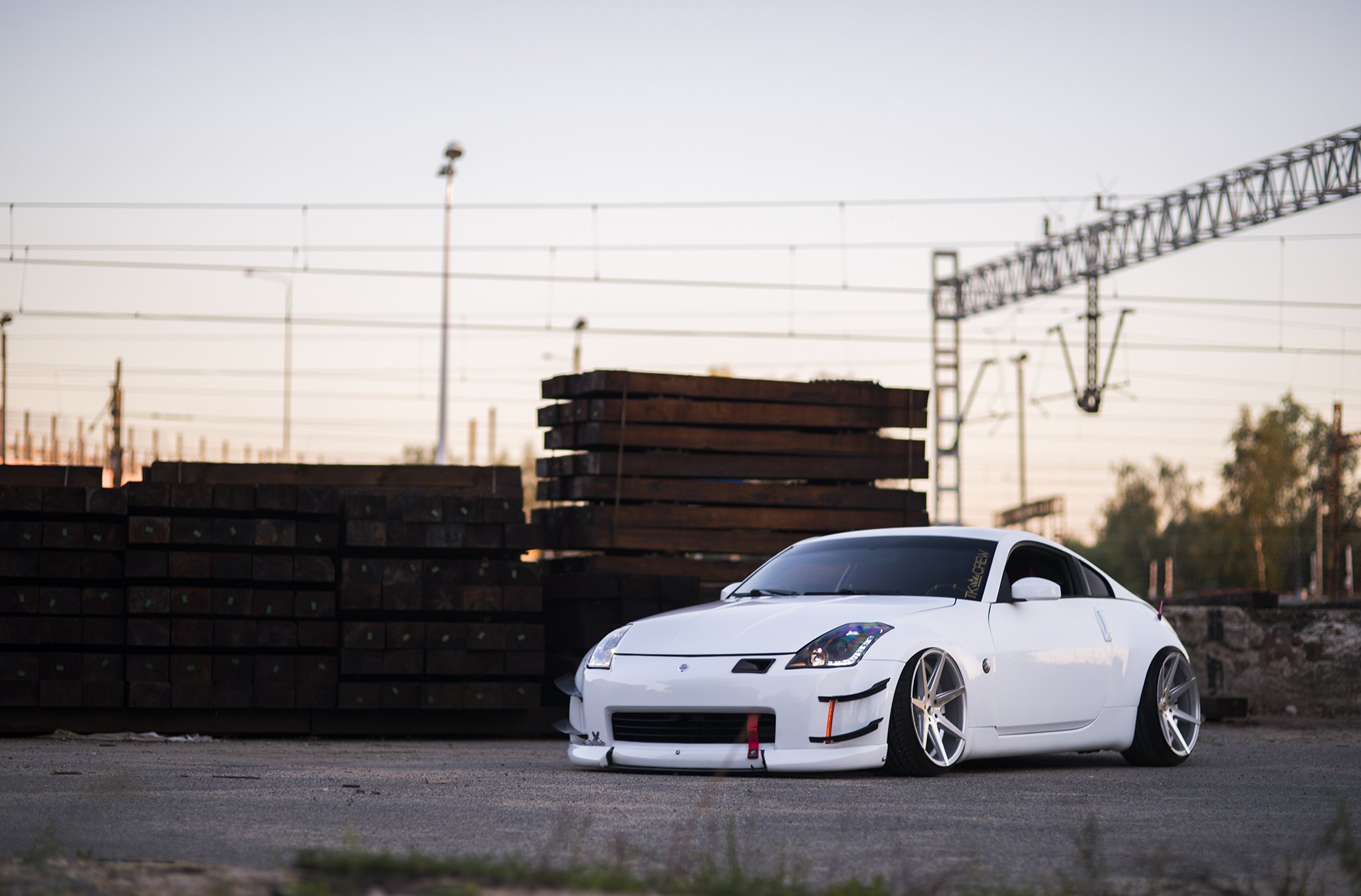 White Stanced Nissan 350Z with Custom Front Bumper - Photo by JR Wheels