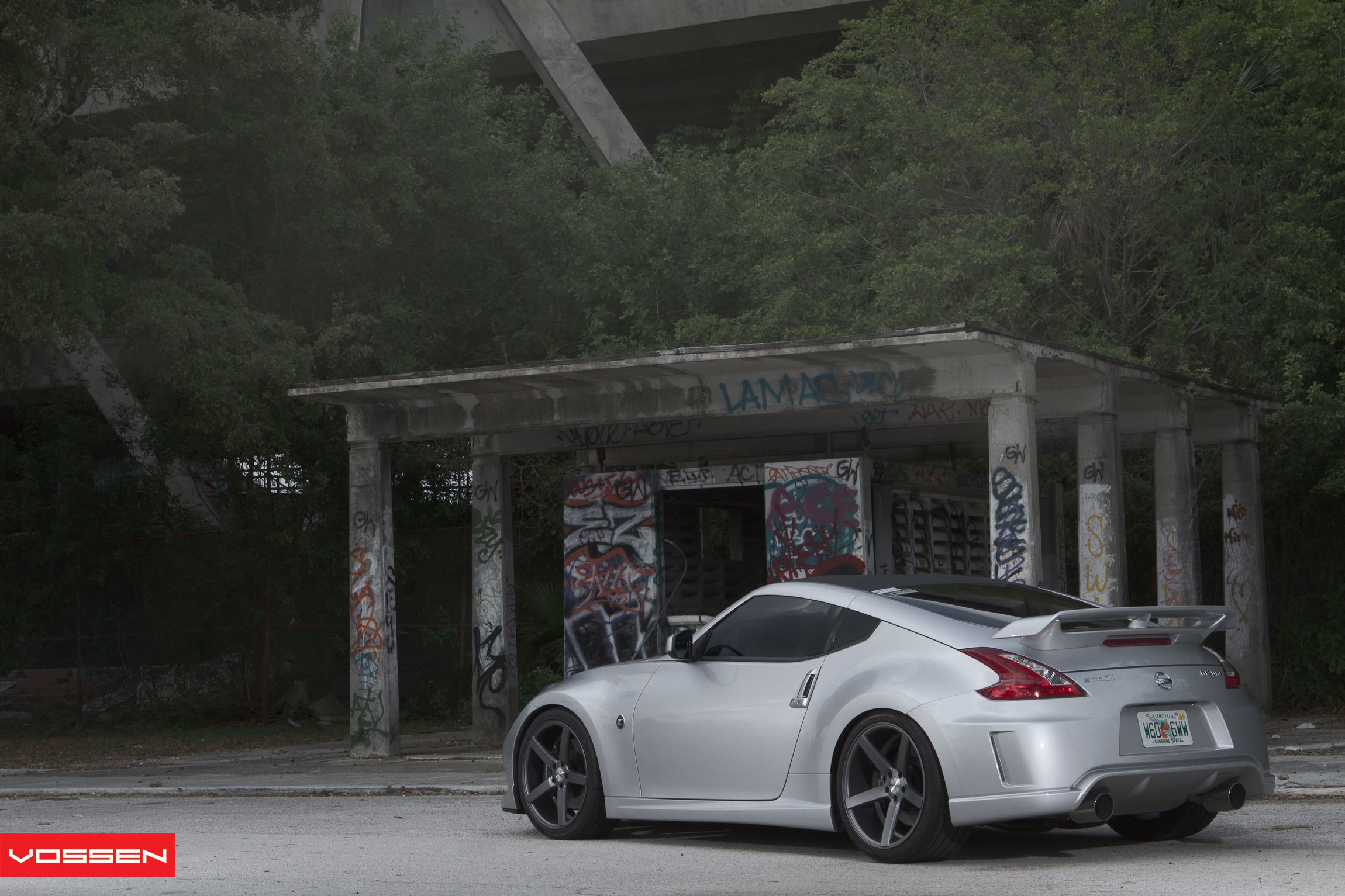 Silver Nissan 370Z with Custom Large Wing Spoiler - Photo by Vossen