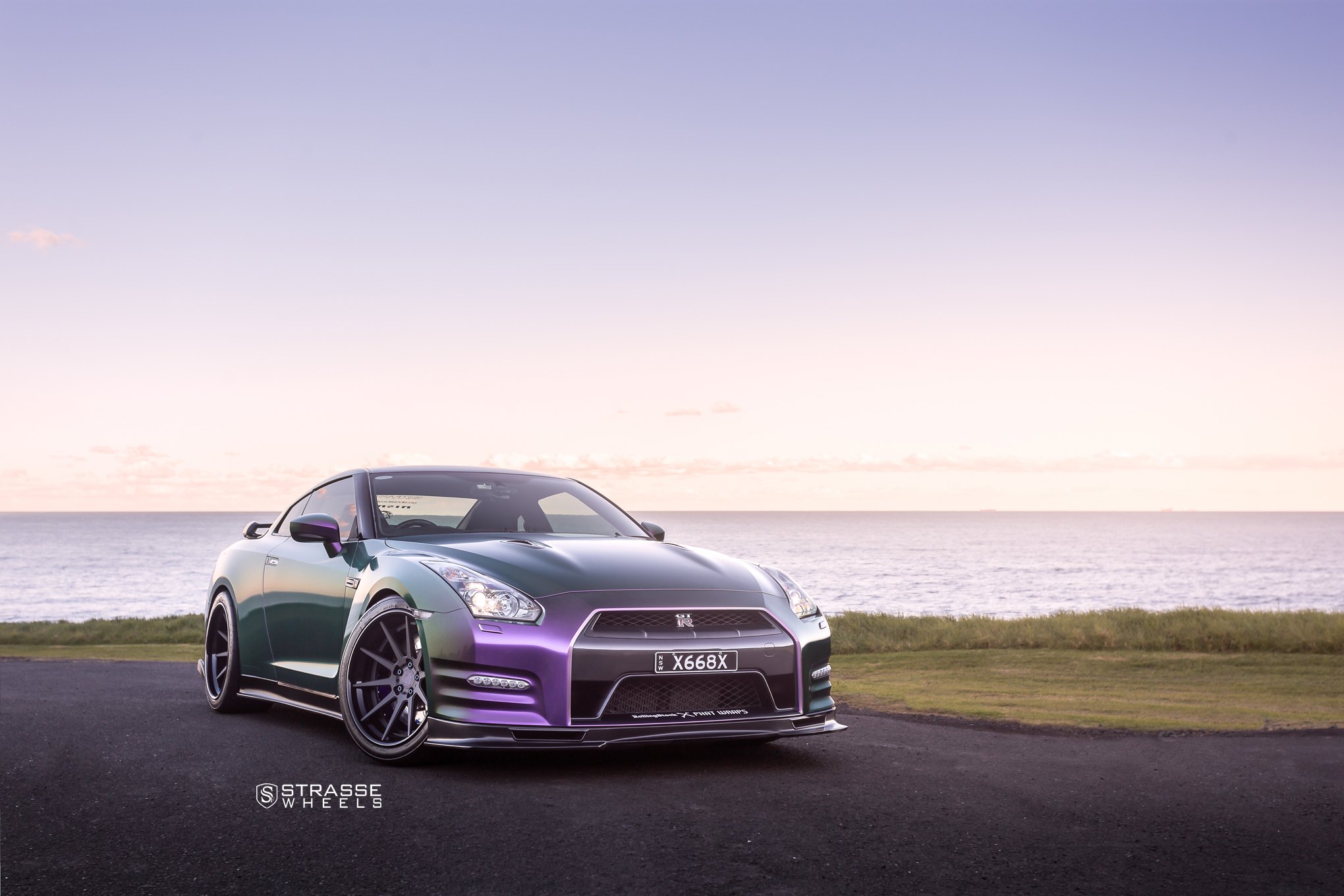 Chameleon Green Nissan GT-R with Custom Front Lip - Photo by Strasse Forged
