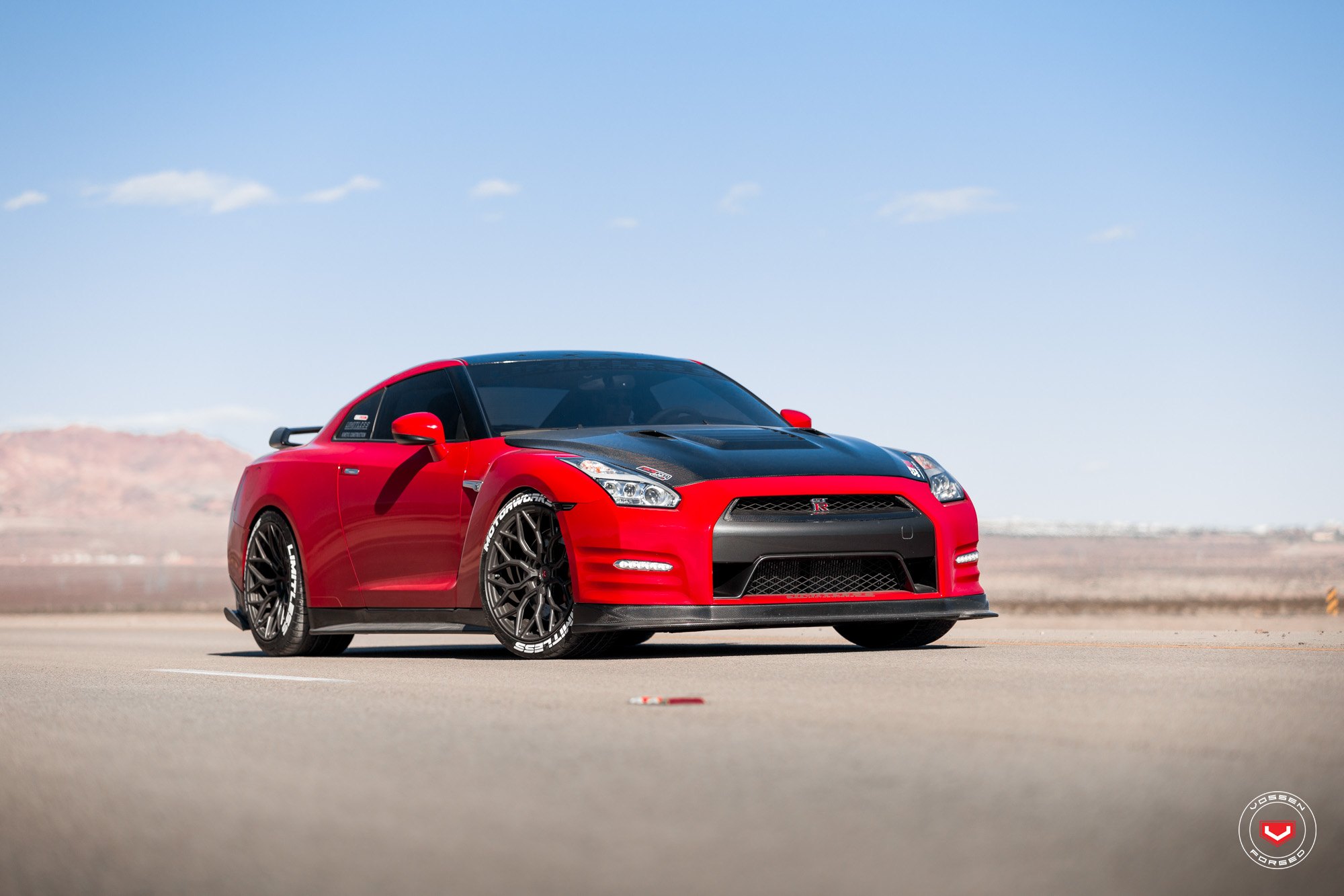 Carbon Fiber Vented Hood on Red Nissan GT-R - Photo by Vossen