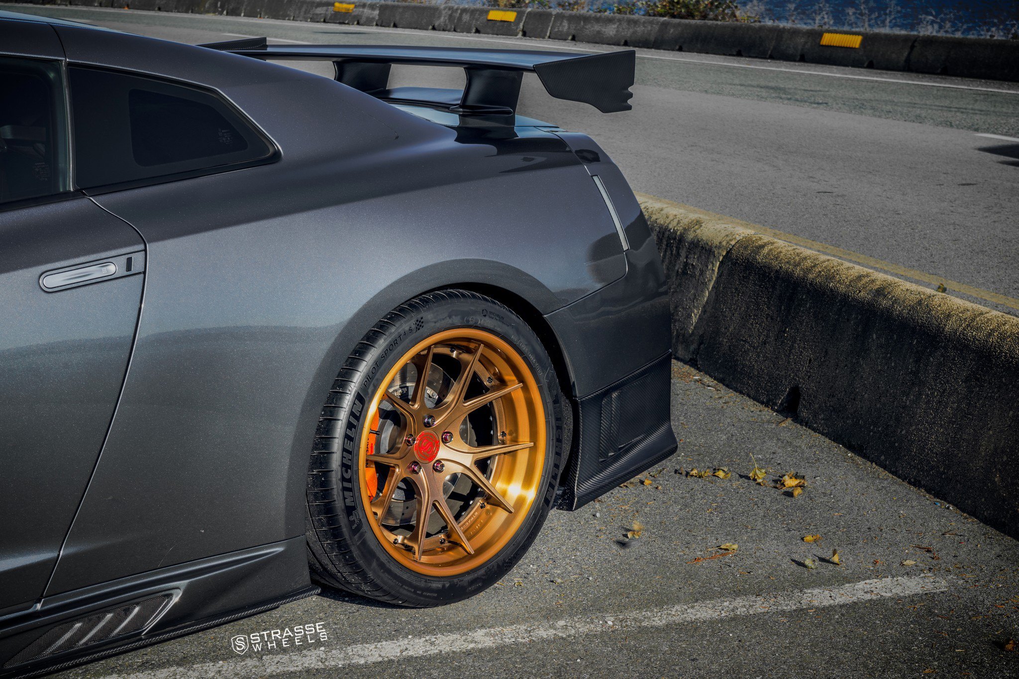Gray Nissan GT-R Alpha with Gold Strasse Wheels - Photo by Strasse Wheels