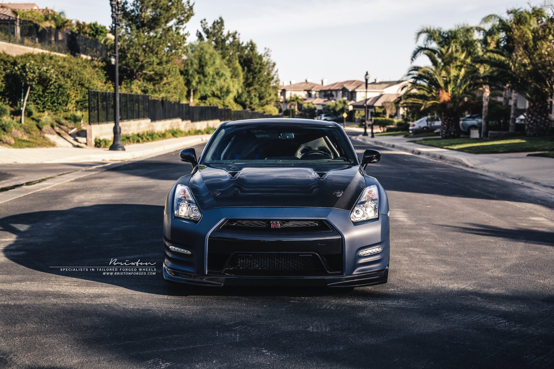 Carbon Fiber Hood on Gray Nissan GT-R - Photo by Brixton Forged Wheels