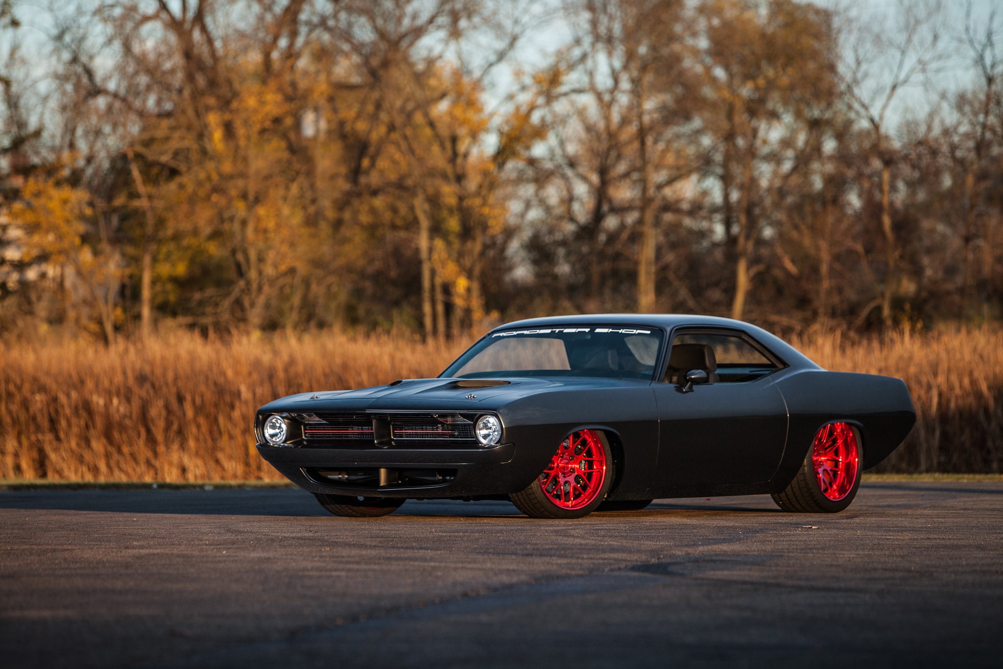 Custom Vented Hood on Black Plymouth Barracuda - Photo by Forgeline Motorsports
