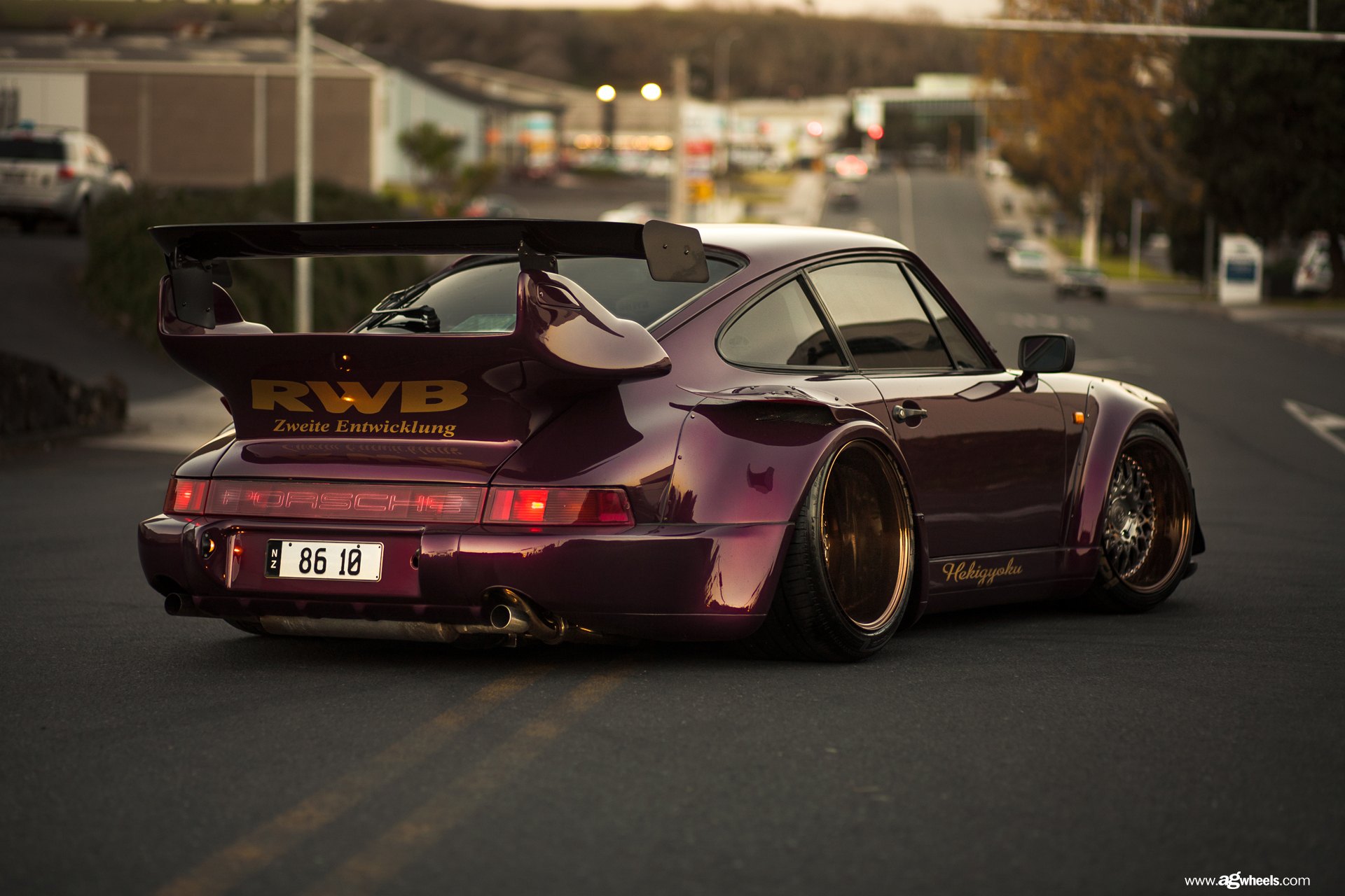 Large Wing Spoiler on Purple Porsche 911 - Photo by Avant Garde Wheels