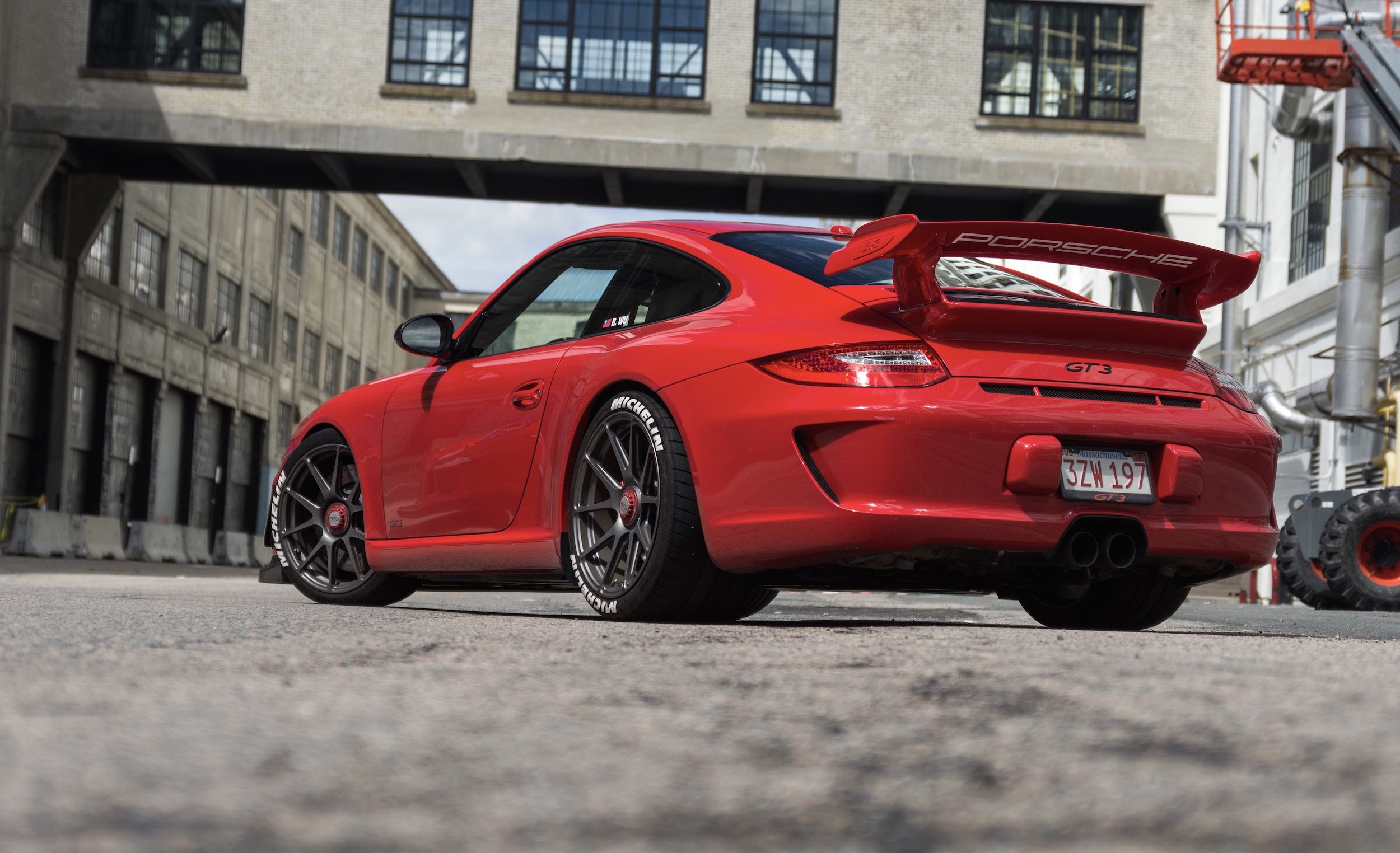 Large Wing Spoiler on Red Porsche 911 GT3 - Photo by Forgeline Motorsports