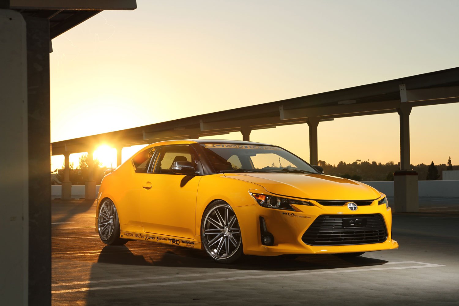 Stanced Blazing yellow Scion TC - Photo by Concept ONE
