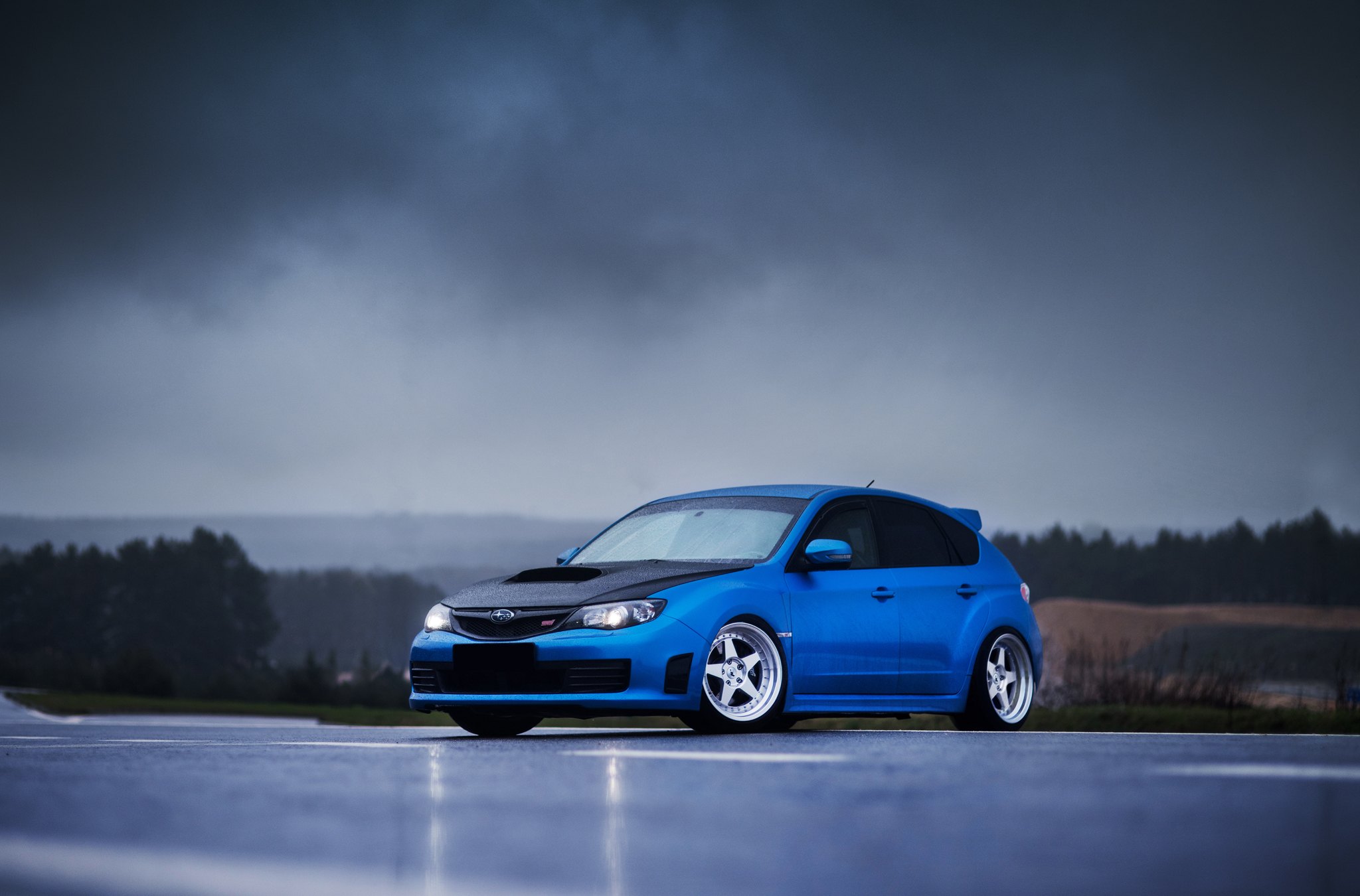 Custom Hood with Air Vent on Blue Subaru Impreza - Photo by JR Wheels