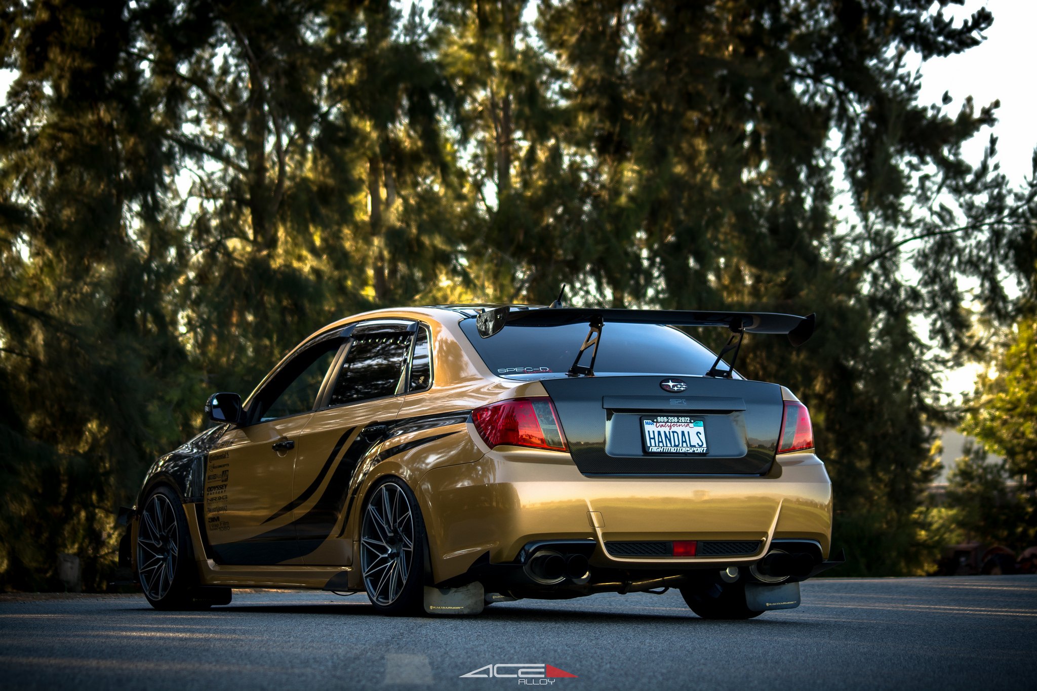 Large Wing Spoiler on Custom Gold Subaru WRX - Photo by Ace Alloy