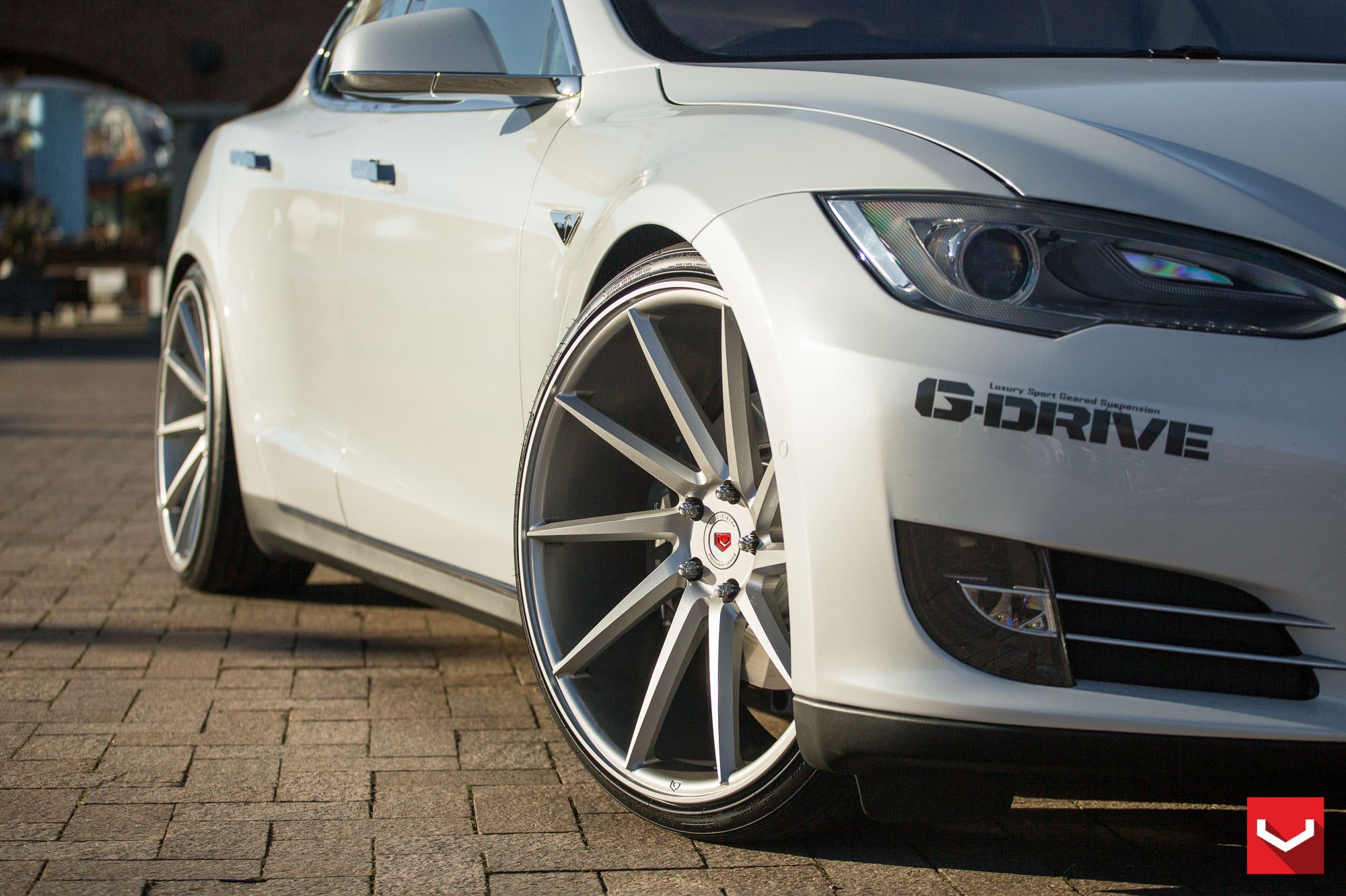 White Tesla Model S with Custom Front Bumper Cover - Photo by Vossen