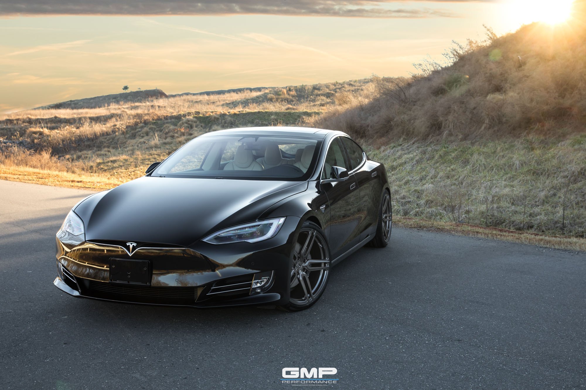 Front Bumper with LED Lights on Black Tesla Model S - Photo by Vossen