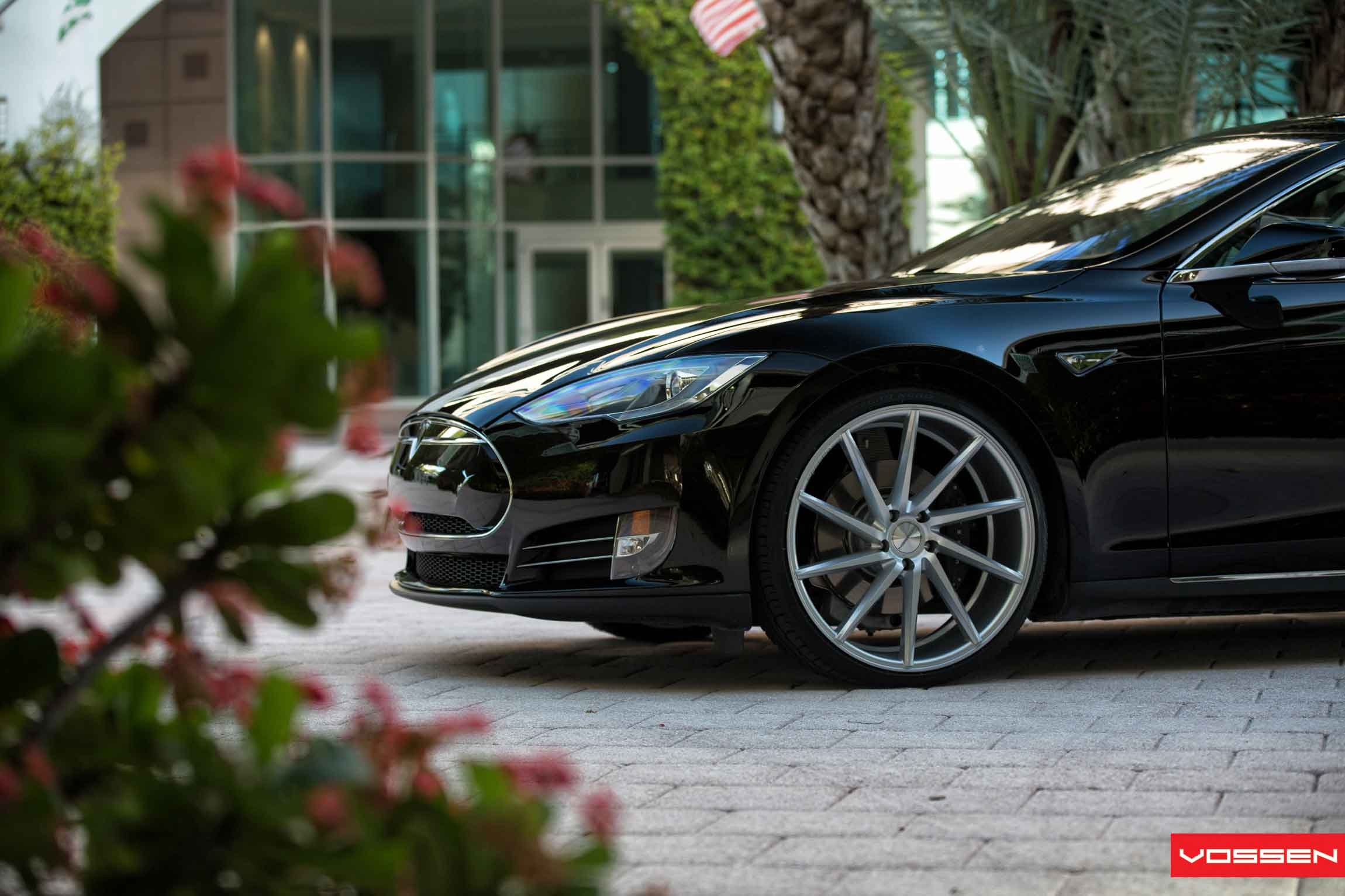 Chrome Vossen Rims on Black Tesla Model S - Photo by Vossen