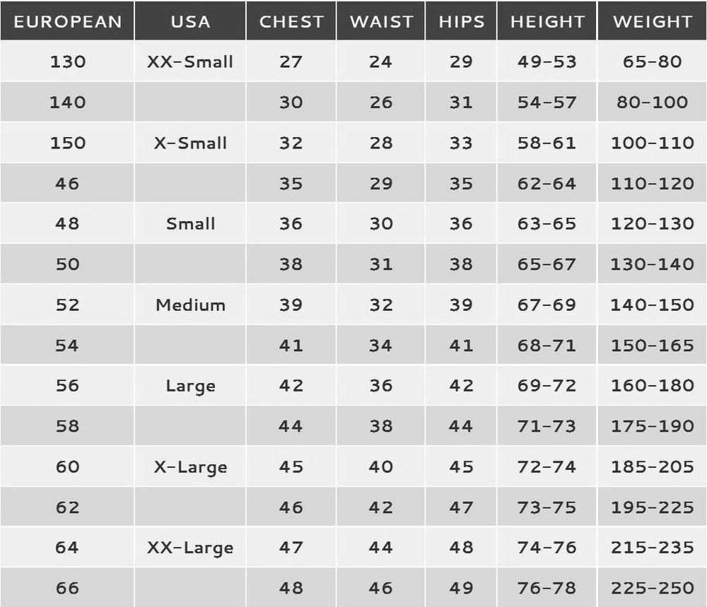 Sparco Underwear Dimensions Chart